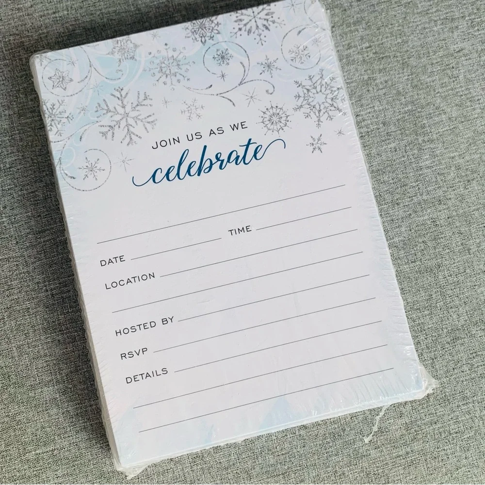 NEW PACK Invitations & Envelopes Winter Snowflake Silver Blue White Party Shower
